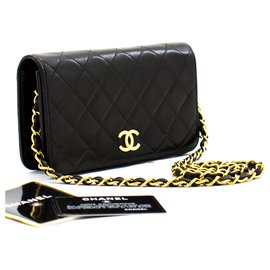 Chanel-CHANEL Full Flap Bolsa de Ombro com Corrente Clutch Pele de Cordeiro Acolchoada Preta-Preto