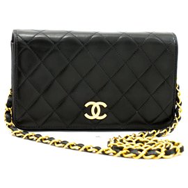 Chanel-CHANEL Full Flap Chain Shoulder Bag Clutch Black Quilted Lambskin-Black
