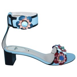 Fendi-Pastel Blue Sandals with Flowers-Blue