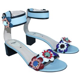 Fendi-Pastel Blue Sandals with Flowers-Blue