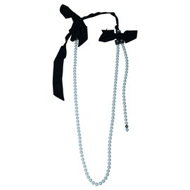 Lanvin-Faux Pearls Necklace with Fabric Bows-White