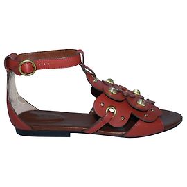 See by Chloé Flache Sandalen mit Nieten und Blumen Braun