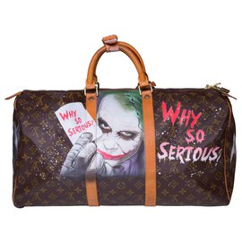 Louis Vuitton-Superbe sac de voyage Louis Vuitton Keepall 50 en toile monogram customisé "Batman Vs Joker"-Marron