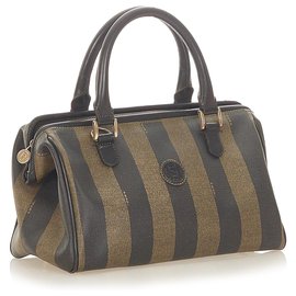 Fendi-Fendi Brown Pequin Canvas Sac à main-Marron,Noir