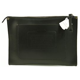 Coach Black Leather Zipper Top Front Pocket Logo Clutch Bag Handbag New Black