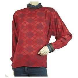 Gianni Versace Vintage Seidenbluse Argyle Muster Rot Blau Dolman Top Size 40 Rot