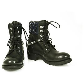 Karl Lagerfeld Black Leather Combat Biker Lace Boots Shoes Chain Tweed size 38 Black