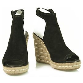 Prada Cuir Suédé Noir Jute Talon Compensé Sandale Plateforme Chaussures Espadrilles 37 Noir