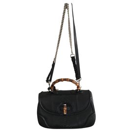 Gucci Bamboo Python Leather Handbag Black Black Silver hardware