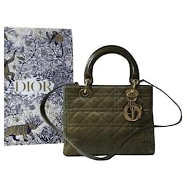 Christian Dior-Christian Dior Lady Dior Medium Khaki Canvas Bag-Cachi