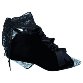 Saint Laurent-Velvet Lace Up Boots with Crystals-Black