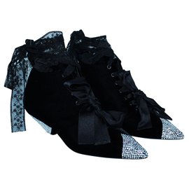 Saint Laurent-Velvet Lace Up Boots with Crystals-Black