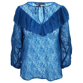 Maje Halbtransparente blaue Spitzenbluse Blau