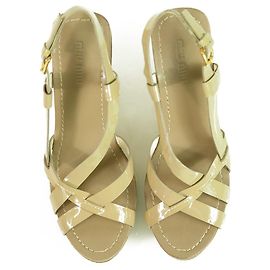 Miu Miu Beige Patent Leather Wooden Wedge Heel Sandal Platform SZ 38.5 Beige