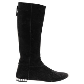 Miu Miu-Pearl Studded Suede Boots-Black