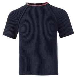Hermès-Contrast Neckline Knitted Top-Blue,Navy blue