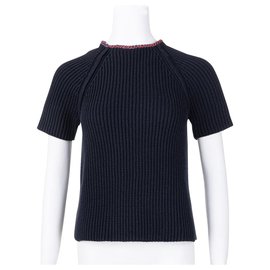 Hermès-Contrast Neckline Knitted Top-Blue,Navy blue