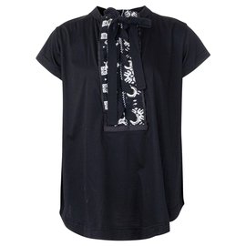 Sacai-Lace Up Embroidery Detail Flowy Top-Black