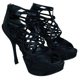 Dior-Suede and Satin Black Open Toe Heels-Black