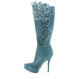 Cesare Paciotti Size 38.5 Rare Blue-Green Suede Laser Cut High Boots Other