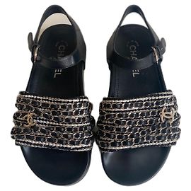 Chanel Dad sandals black leather and tweed silver chain Black