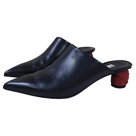 Balenciaga Black Leather Red Cord Wrapped Heels Mules Sz.37 Black