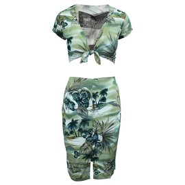 Reformation-Green Print Short Sleeve Top and Skirt Set-Green