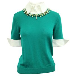 Mary Katrantzou Suéter de lã verde com colarinho branco e enfeites Verde