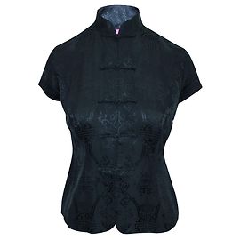 Shanghai Tang Camicia goffrata in seta nera stile Cheongsam Nero