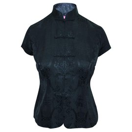 Shanghai Tang-Chemise en soie noire gaufrée de style Cheongsam-Noir