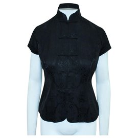 Shanghai Tang-Chemise en soie noire gaufrée de style Cheongsam-Noir