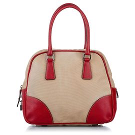 Prada Brown Canapa Bauletto Canvas Handbag Brown Red Beige