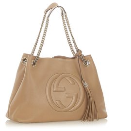 Gucci-Gucci Brown Soho Chain Leather Tote Bag-Brown,Beige