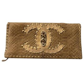 Chanel Clutch Brown Python Leather Beige