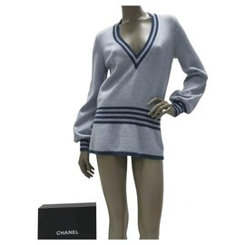 Chanel-Suéter listrado de cashmere azul da Chanel Sz 38-Multicor