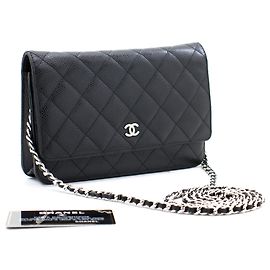 CHANEL Portafoglio con caviale su catena WOC Borsa a tracolla nera con tracolla Nero