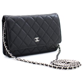 Chanel-CHANEL Carteira Caviar On Chain WOC Bolsa de Ombro Preta Crossbody-Preto