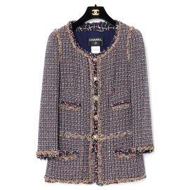Chanel-Rara giacca in tweed decorata con catene Chanel.-Bianco,Rosso,Verde,Blu navy,Gold hardware
