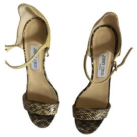 Jimmy Choo Moxy 110 Elaphe Snake and Raffia Sandals Beige 39 Beige Khaki