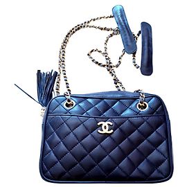 Bolsa de câmera vintage Chanel Azul marinho Azul escuro Gold hardware