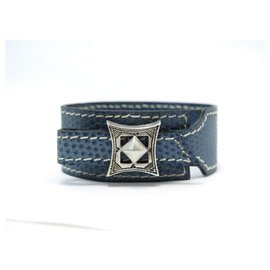 Hermès-NEW HERMES BRACELET TOUAREG BUCKLE SILVER T18 LIZARD BLUE LEATHER-Blue