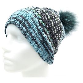 NEW MISSONI HAT 55 CM IN BLUE WOOL POMPOM FOX FUR WOOL CAP Blue