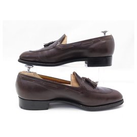 JM Weston-JM WESTON MOCASSINS SHOES WITH POMPOMS 173 9C 43 BROWN LEATHER LOAFERS-Brown