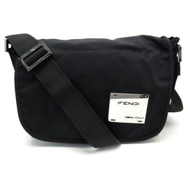 Fendi-FENDI HANDBAG BLACK CANVAS SHOULDER BAG BLACK MESSENGER HAND BAG-Black