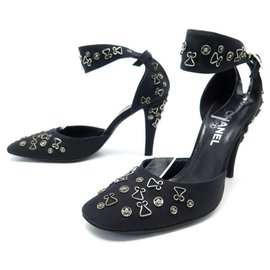 Chanel-CHANEL SHOES SNAP HOOK PUMPS 38 BUTTON SNAP SHOES-Black