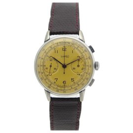 Autre Marque-VINTAGE EBERHARD WATCH 38 MM CHRONOGRAPH MECHANIQUE STEEL LEZARD STEEL WATCH-Silvery