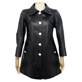 NEUF MANTEAU COURREGES IMPERMEABLE VINYLE S 34 EN COTON NOIR TRENCH COAT Noir