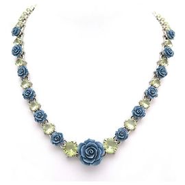 COLAR PRADA ROSAS E PEDRAS AZUIS 51 METAL DE PRATA CM + CAIXA DE COLAR Prata
