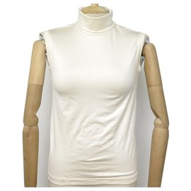 Hermès-TSHIRT HERMES 38 S SLEEVELESS ROLL NECK TANK TOP SILK BEIGE TOP SILK-Beige