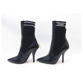 Fendi-NEW FENDI ANKLE BOOTS SOCK 8T6645 38 It 39 FR CANVAS & LEATHER BOOTS-Black